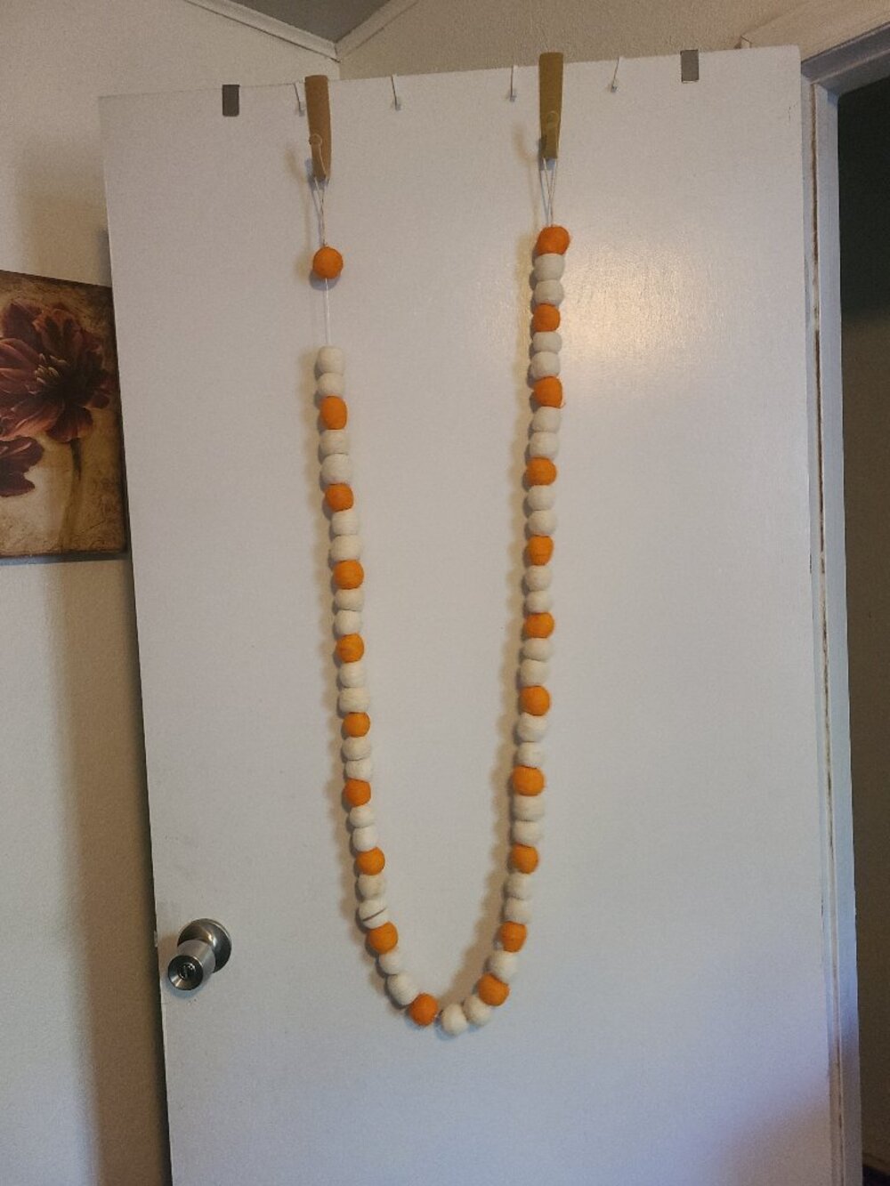 82" Wool Felt Balls Garland Doorway Length Bohemian Gypsy Nomad Orange Off White